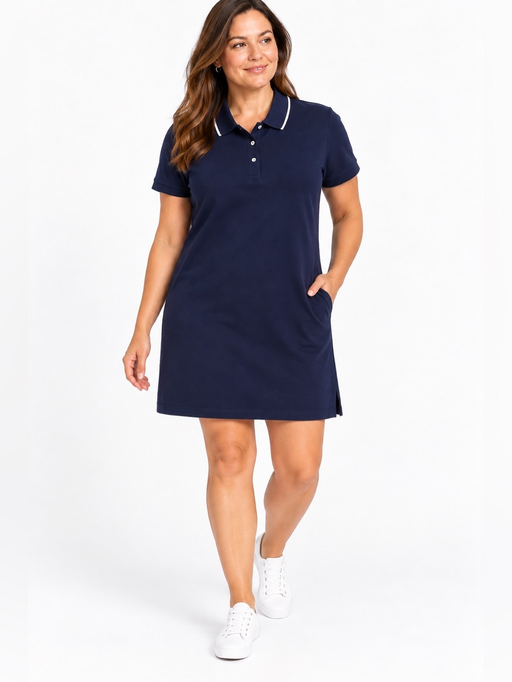 Lands End Polo Dress Womens 1X Navy Blue White Trim Short Sleeve Cotton